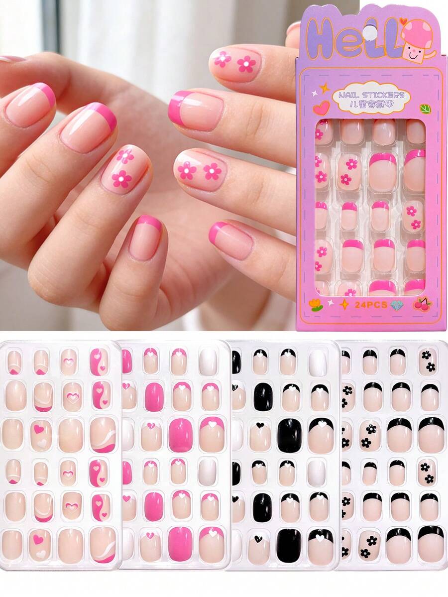 Heart Flower Design Small Size Kids Press On Nails